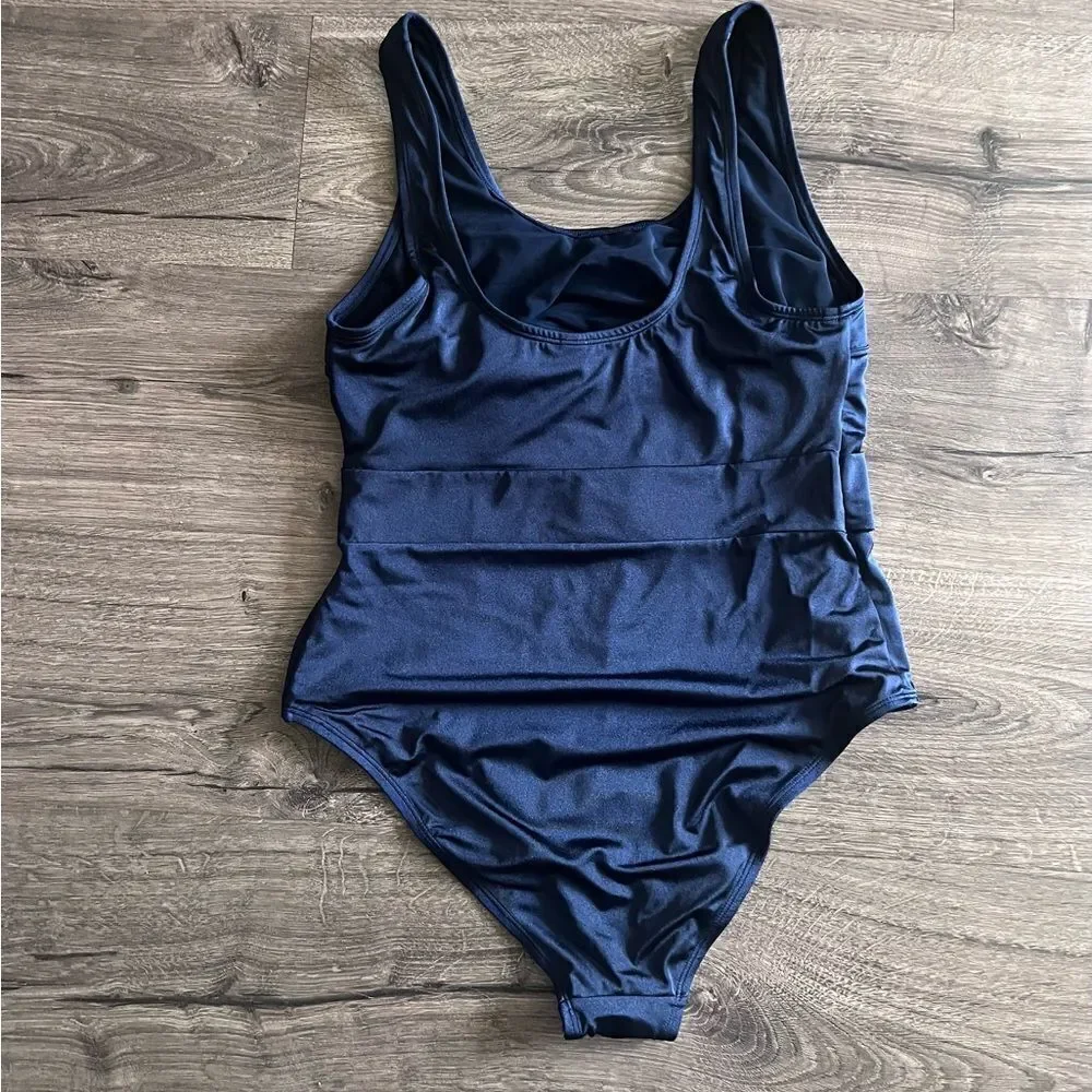 Wolf & Whistle Navy Belted Plunge Swimsuit Curve size 14